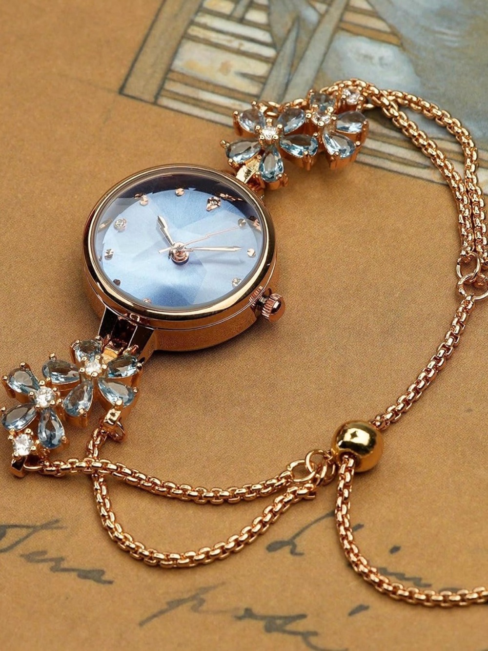 NIB Rose Gold Floral Crystal Pendant Watch Necklace - Women Accessories